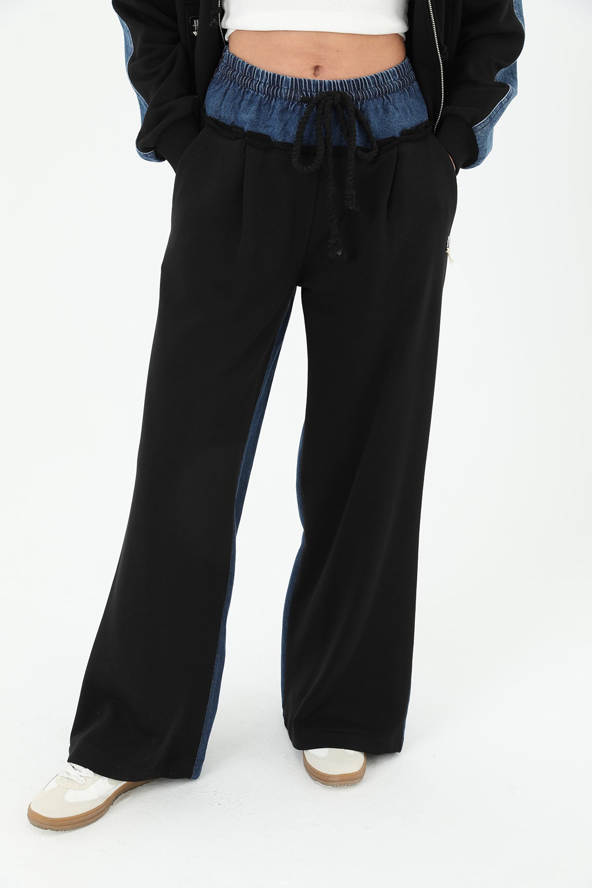 Kadın Arkası Kot Önü Triko Geçişli Geniş Paça Pantolon - 31992PNT