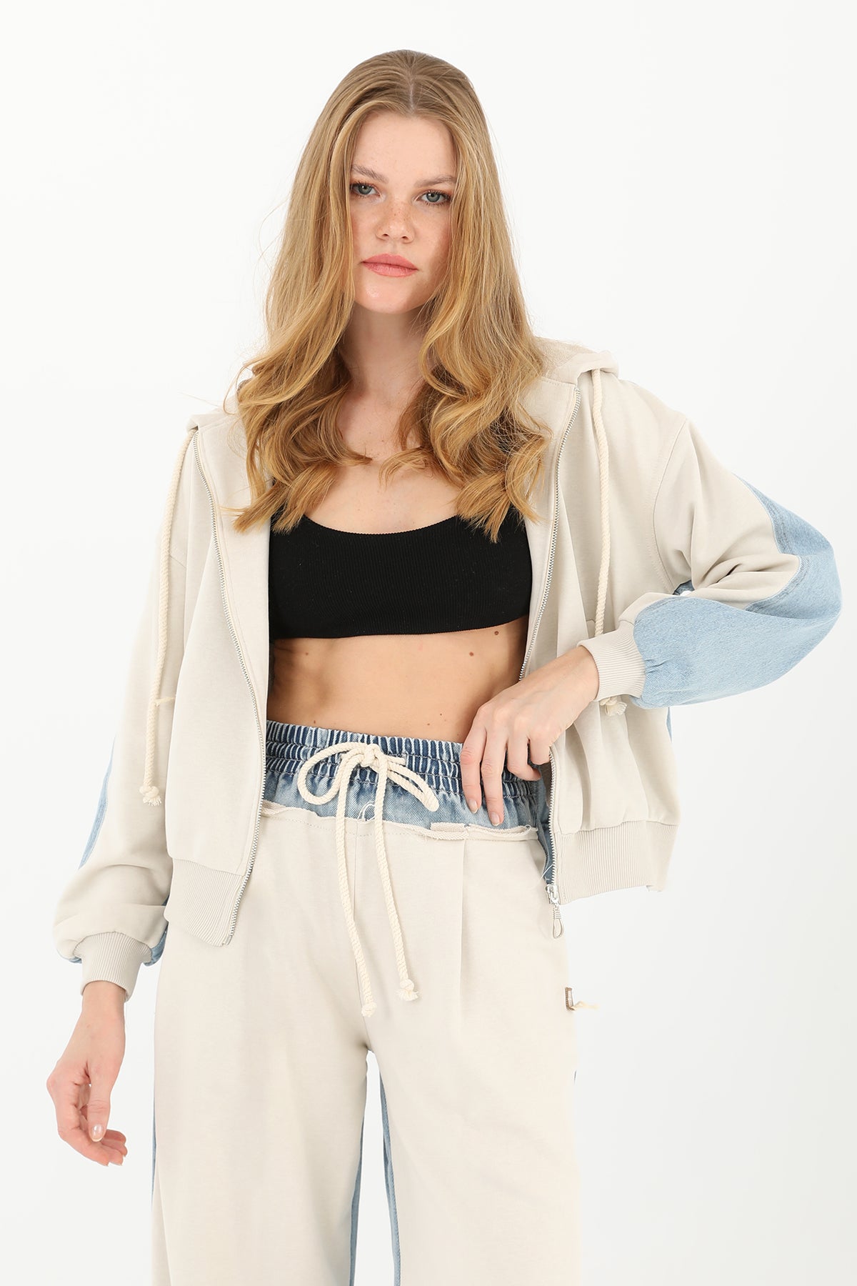 Kadın Arkası Kot Önü Triko Kapüşonlu Sweatshirt - 31993SWT