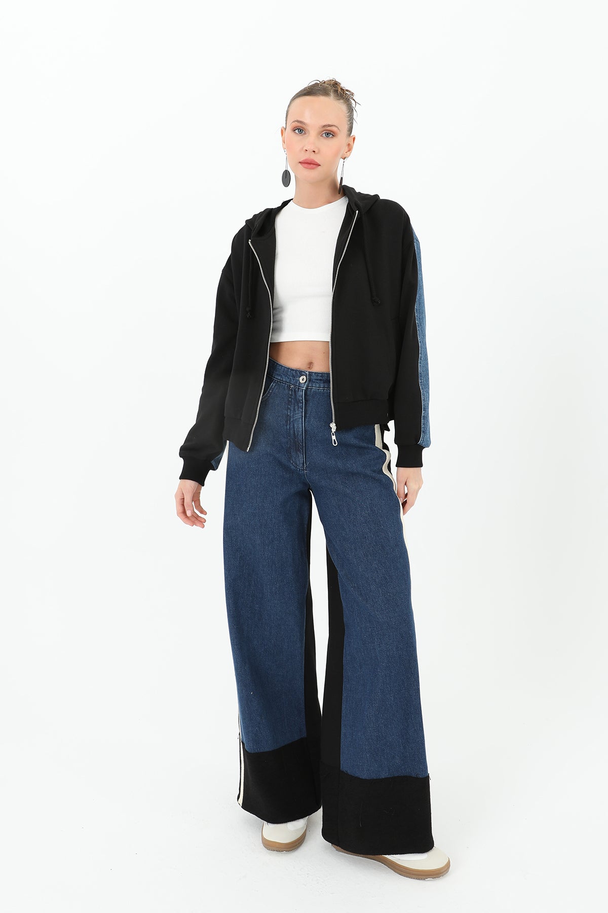 Kadın Paça Triko Detaylı Geniş Paça Kot Pantolon - 31994PNT