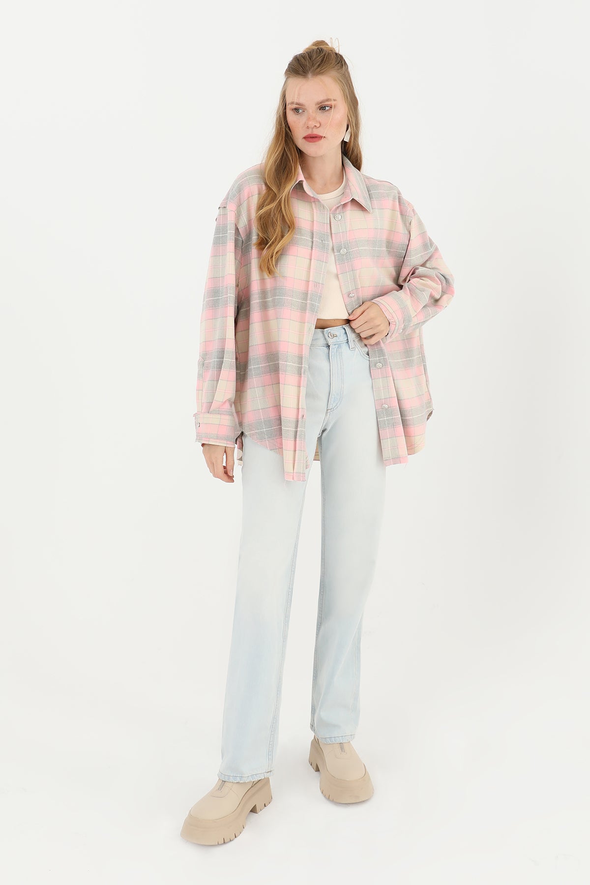 Kadın Ekoseli Saçaklı Gömlek - 32007GML