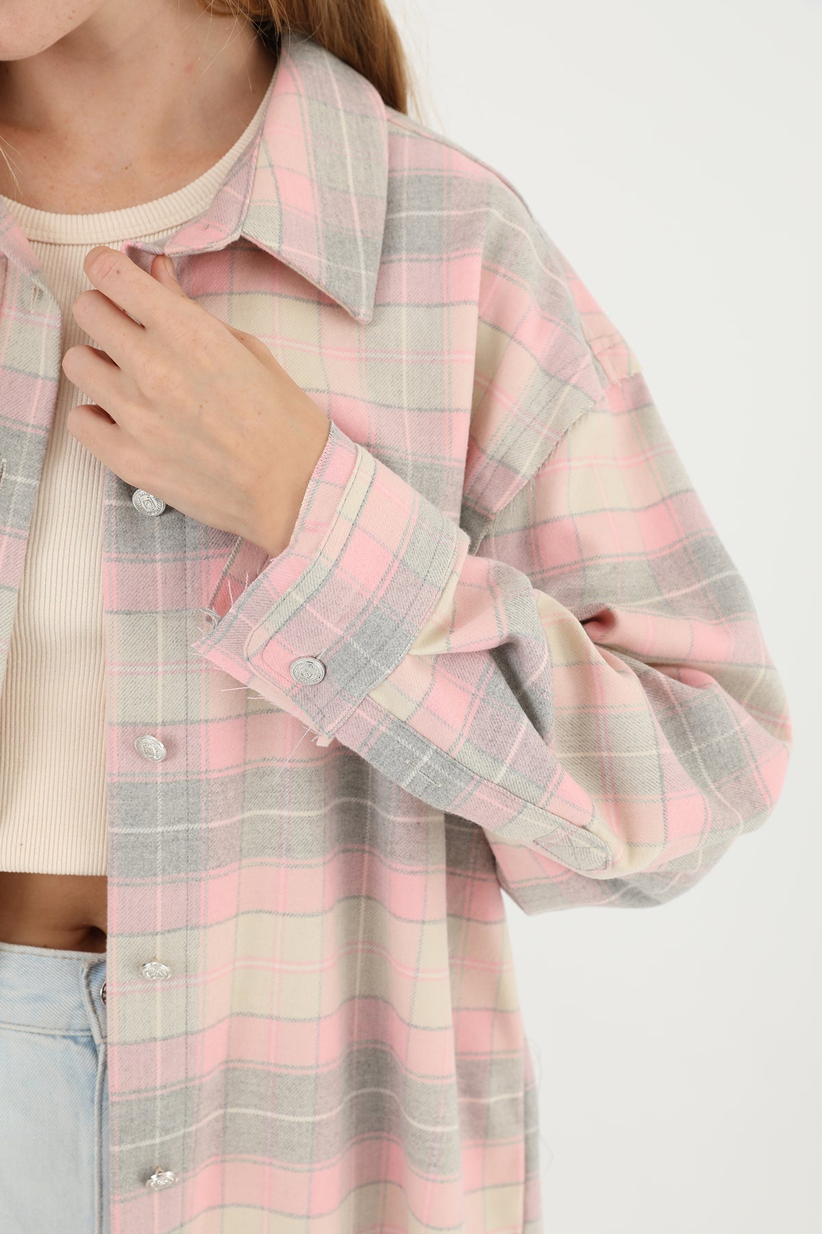 Kadın Ekoseli Saçaklı Gömlek - 32007GML