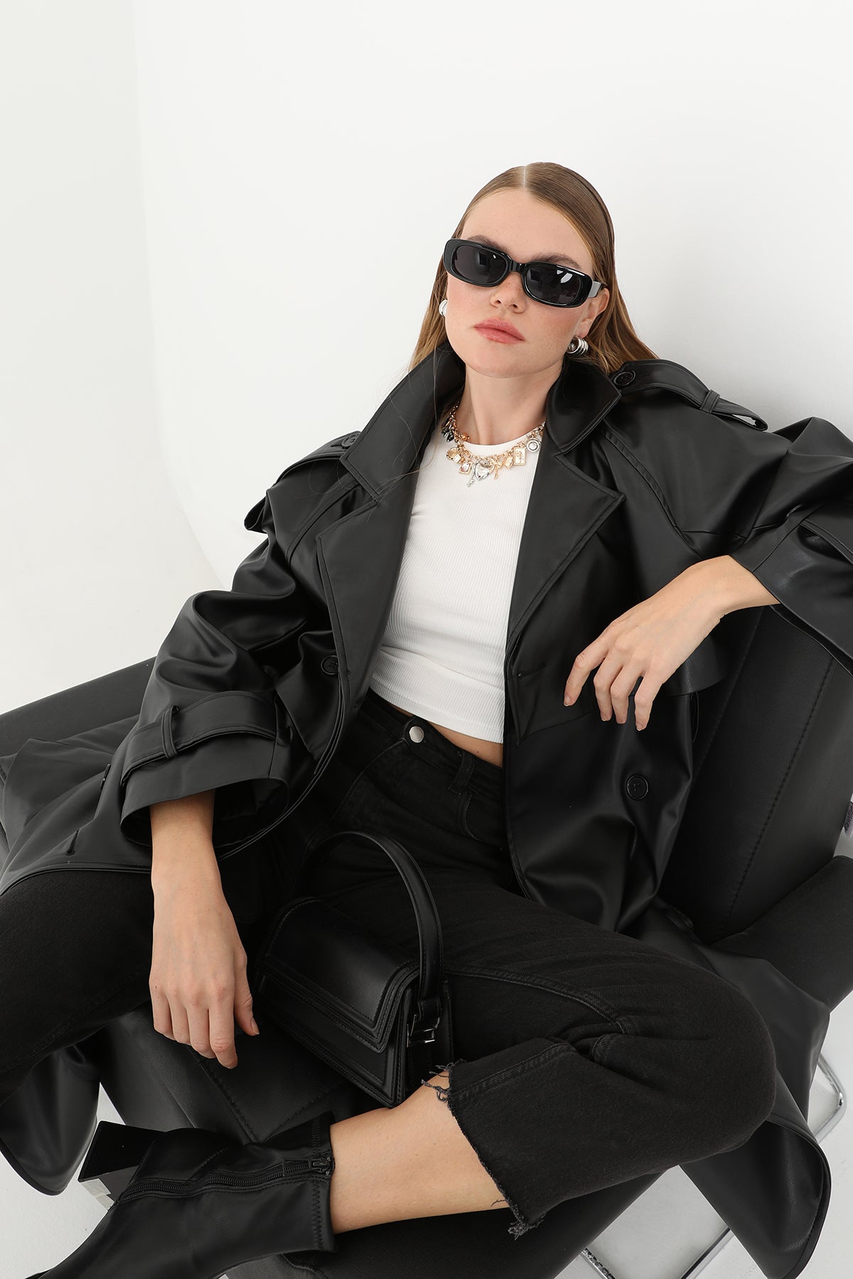 Kadın Deri Uzun Trench - 32017TRC