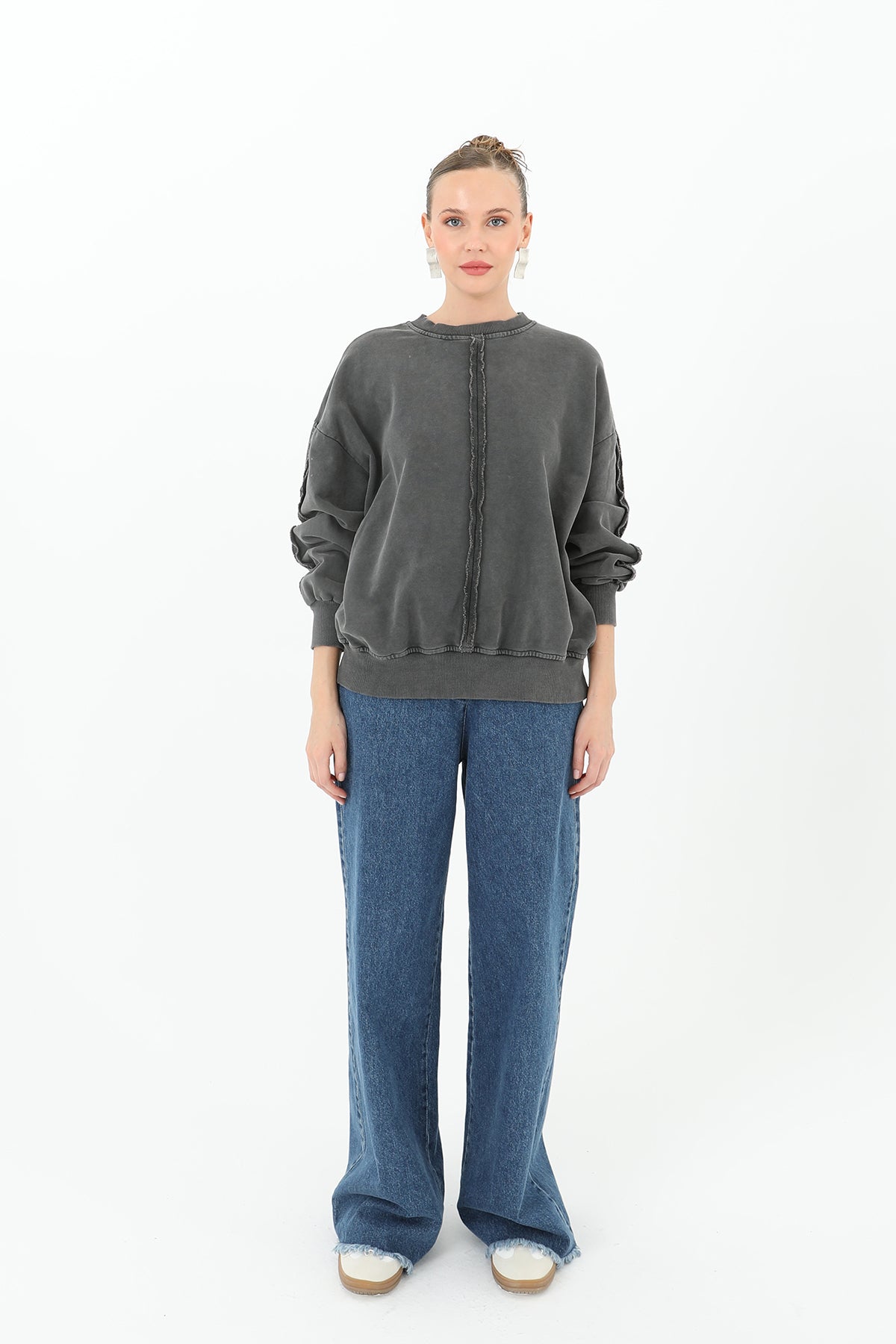 Kadın Dikiş Detaylı Eskitme Sweatshirt - 32063SWT