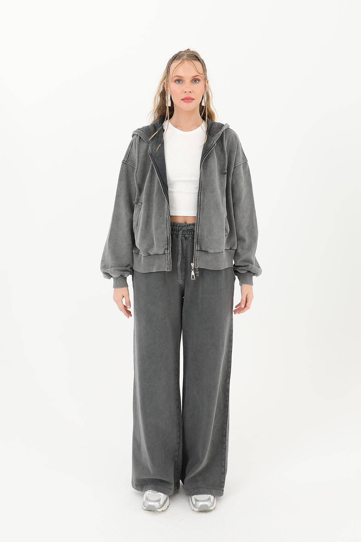 Kadın Beli Lastikli Eskitme Geniş Paça Pantolon- 32066PNT