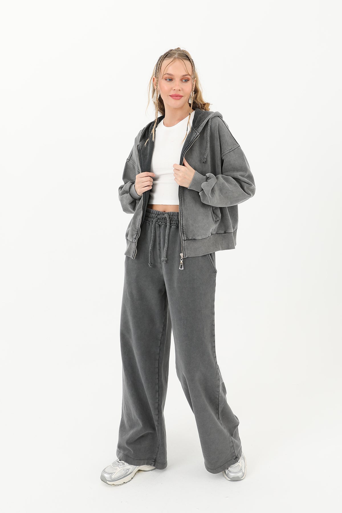 Kadın Beli Lastikli Eskitme Geniş Paça Pantolon- 32066PNT