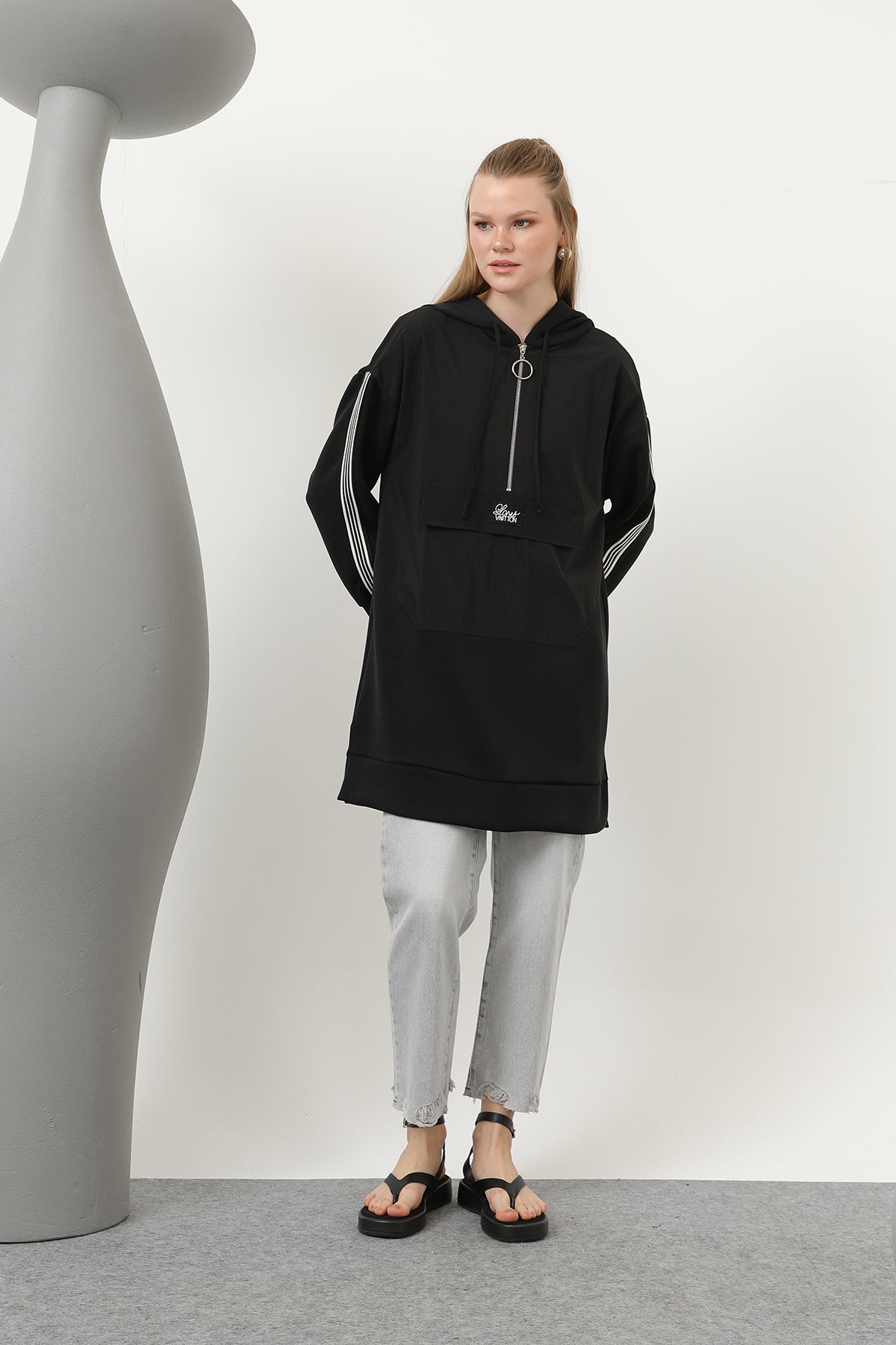 Kadın Önü Fermuar Detaylı Kapişonlu Tunik - 10610TUN