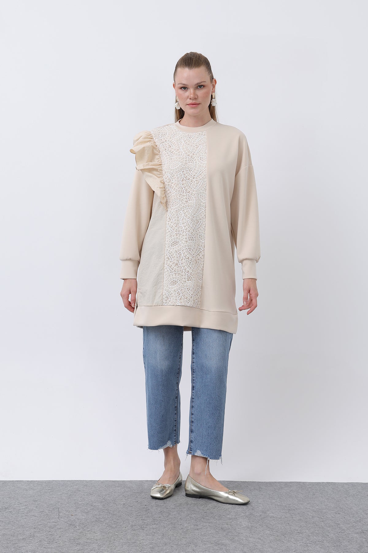 Kadın Omzu Fırfır Detaylı Dantel Garnili Tunik - 10628TNK