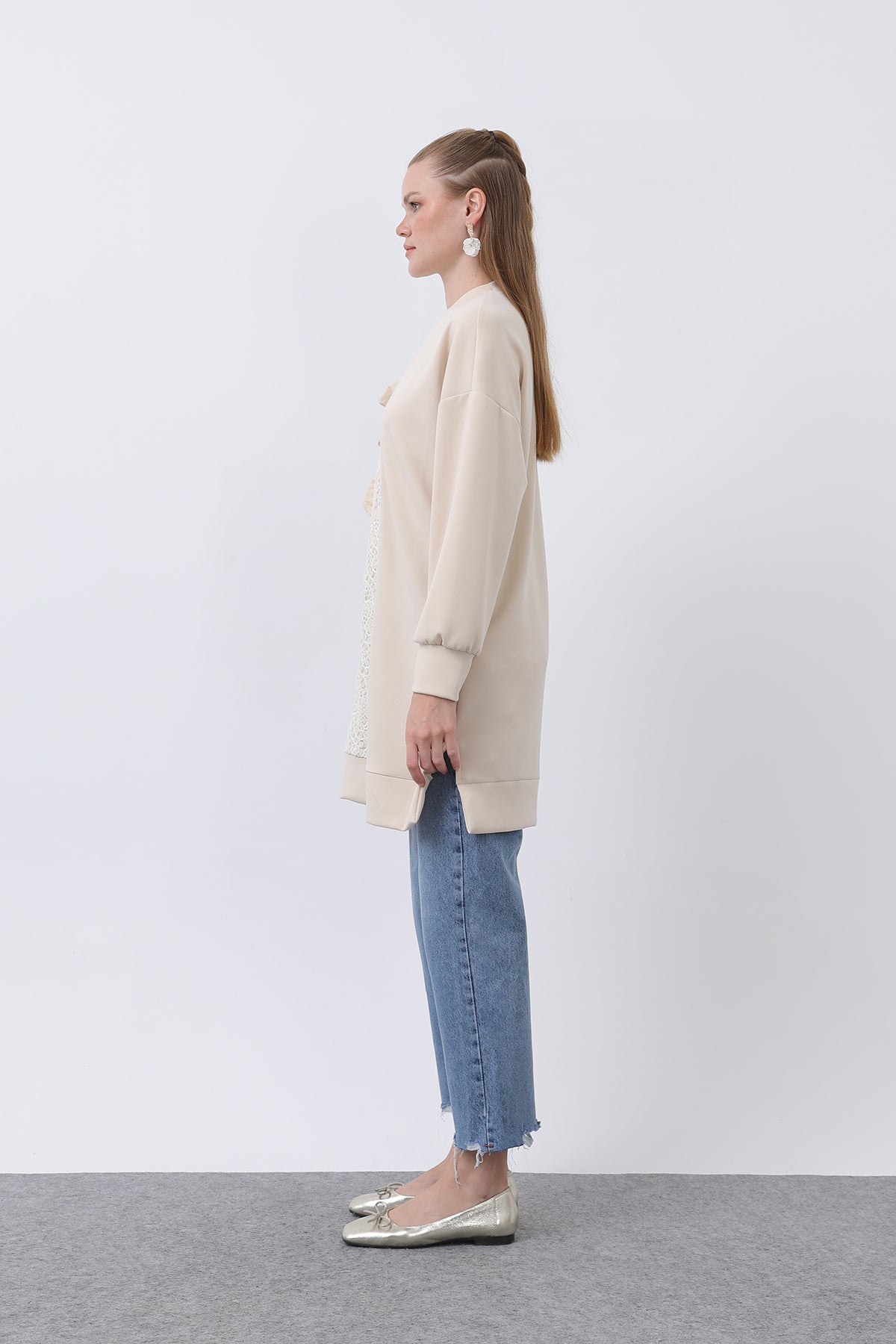 Kadın Omzu Fırfır Detaylı Dantel Garnili Tunik - 10628TNK