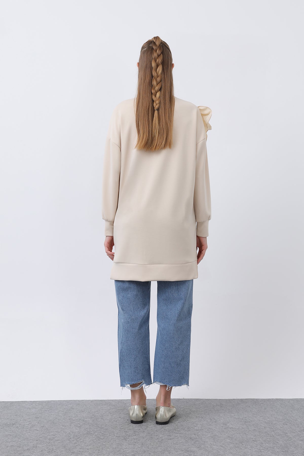 Kadın Omzu Fırfır Detaylı Dantel Garnili Tunik - 10628TNK