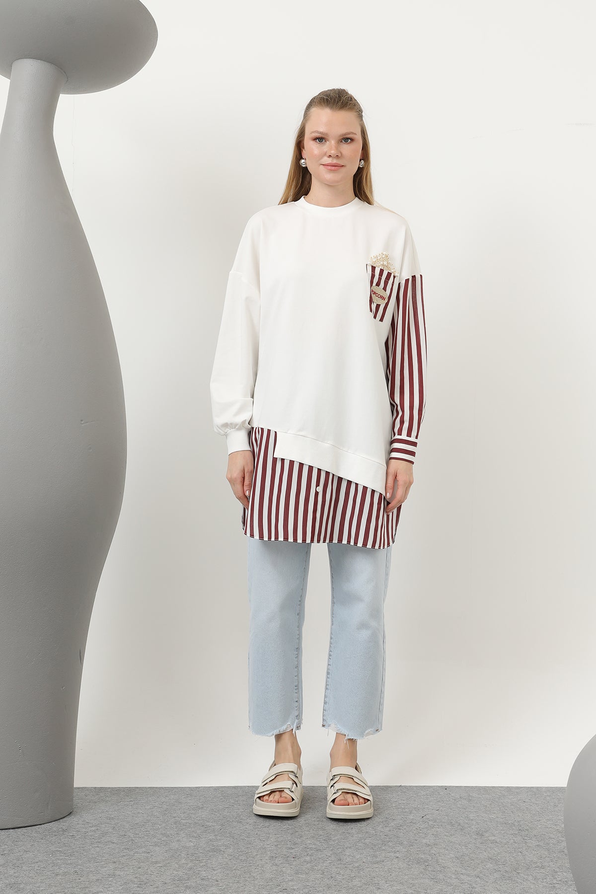 Kadın Önü Pop Corn Baskılı ve Boncuk İşlemeli Çizgi Garnili Tunik - 10651TUN