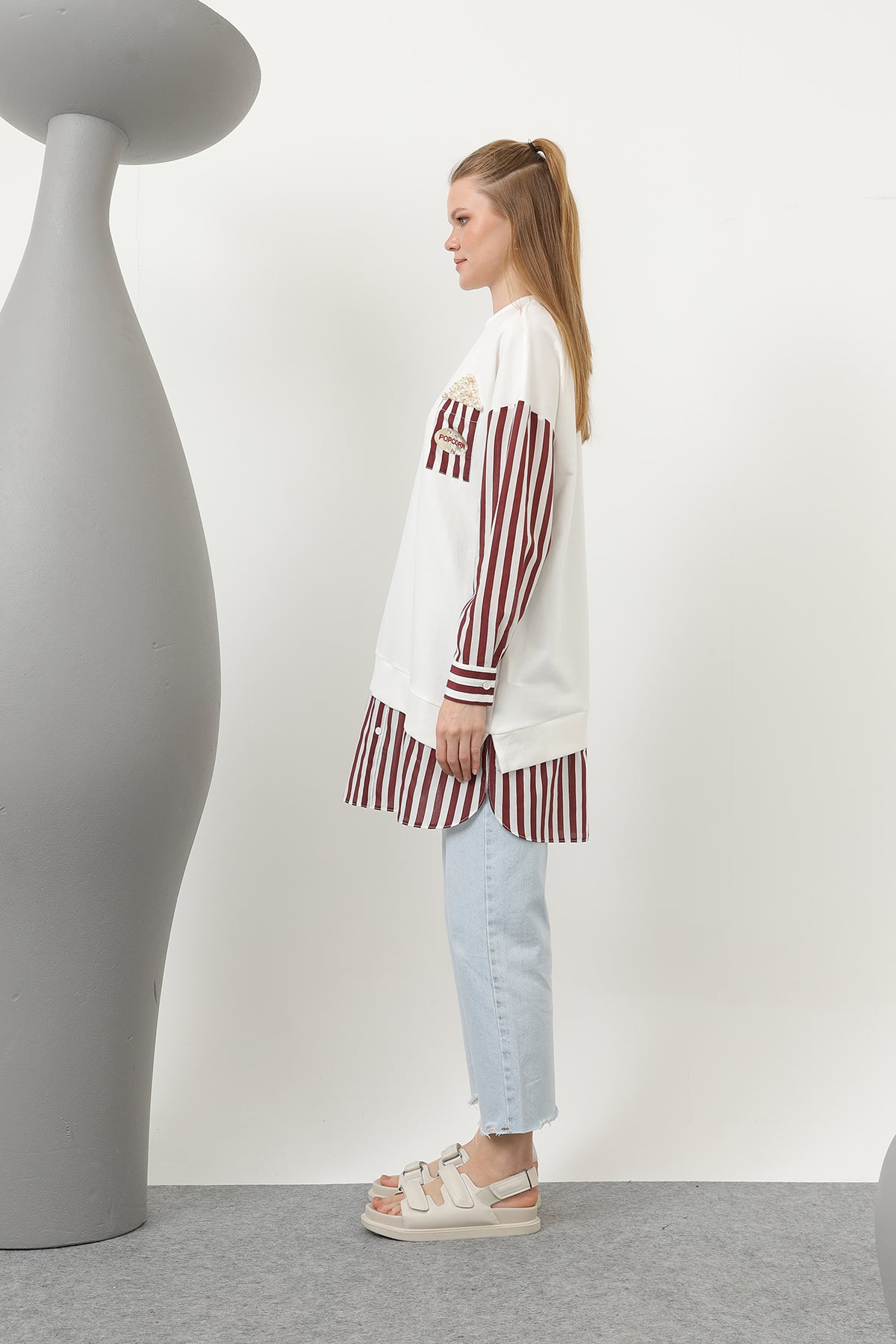 Kadın Önü Pop Corn Baskılı ve Boncuk İşlemeli Çizgi Garnili Tunik - 10651TUN