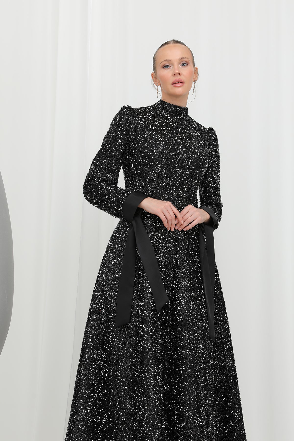 Kadın Parlak Dokulu Uzun Abiye -12576ELB