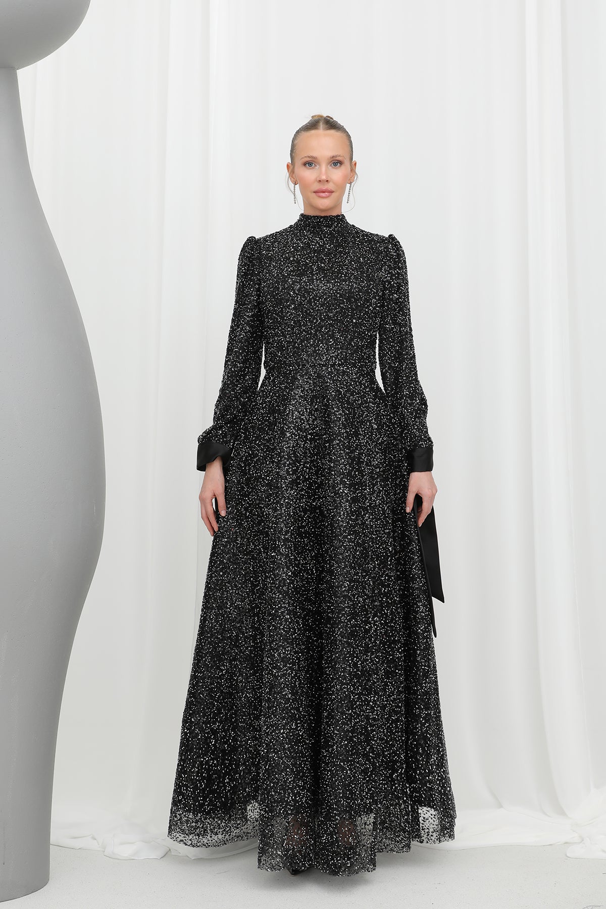 Kadın Parlak Dokulu Uzun Abiye -12576ELB