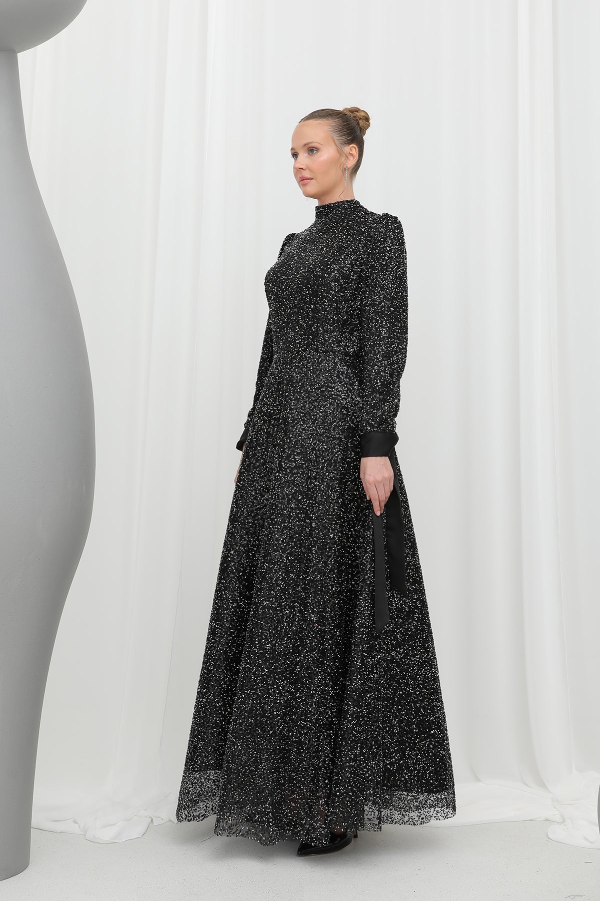 Kadın Parlak Dokulu Uzun Abiye -12576ELB