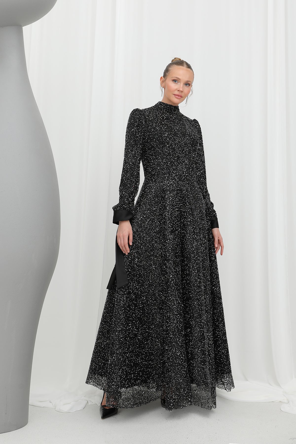 Kadın Parlak Dokulu Uzun Abiye -12576ELB