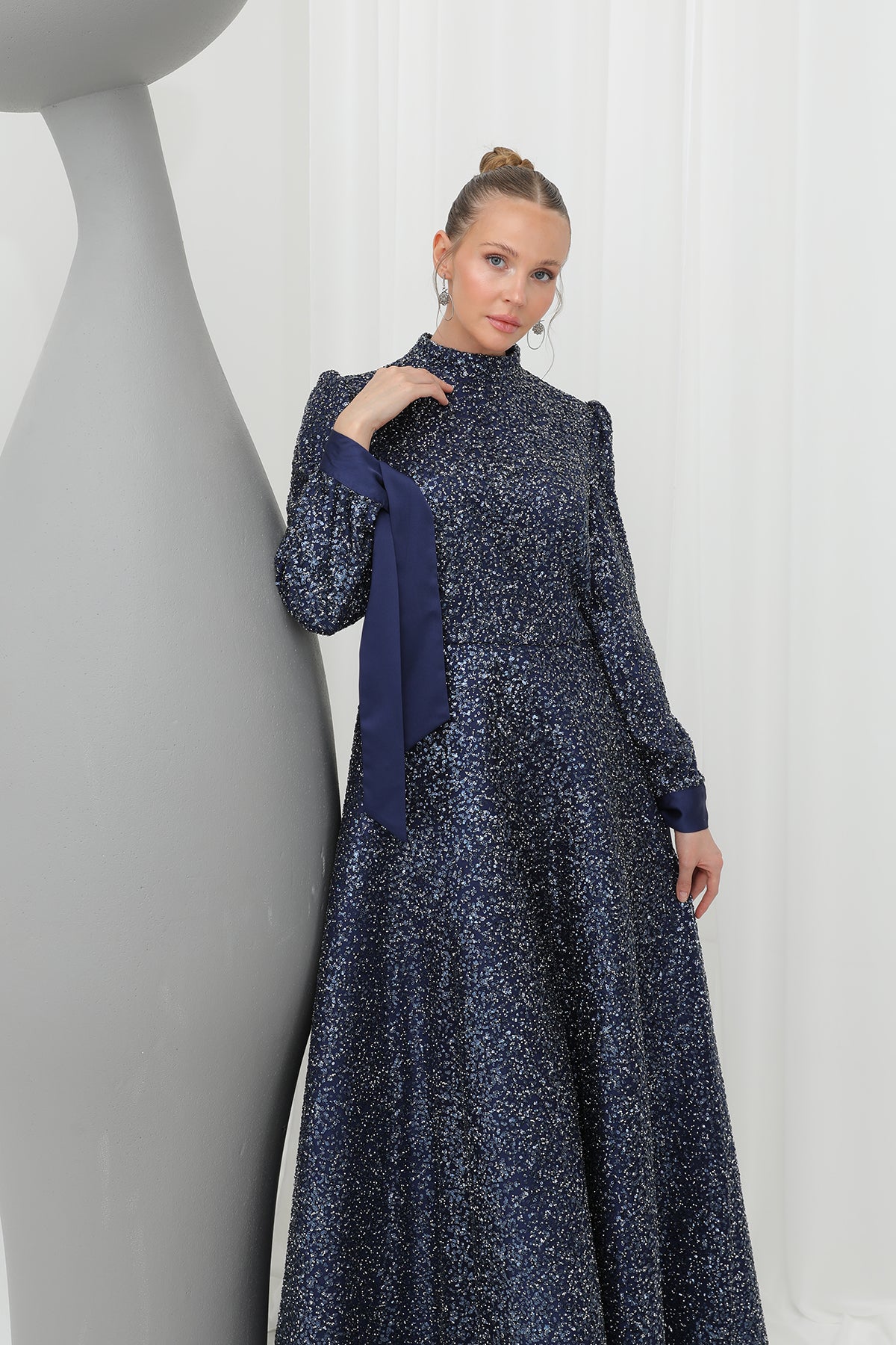 Kadın Parlak Dokulu Uzun Abiye -12576ELB