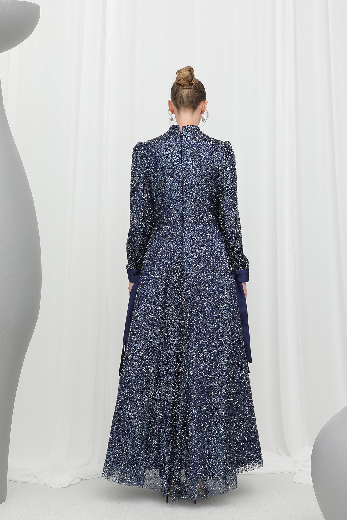 Kadın Parlak Dokulu Uzun Abiye -12576ELB