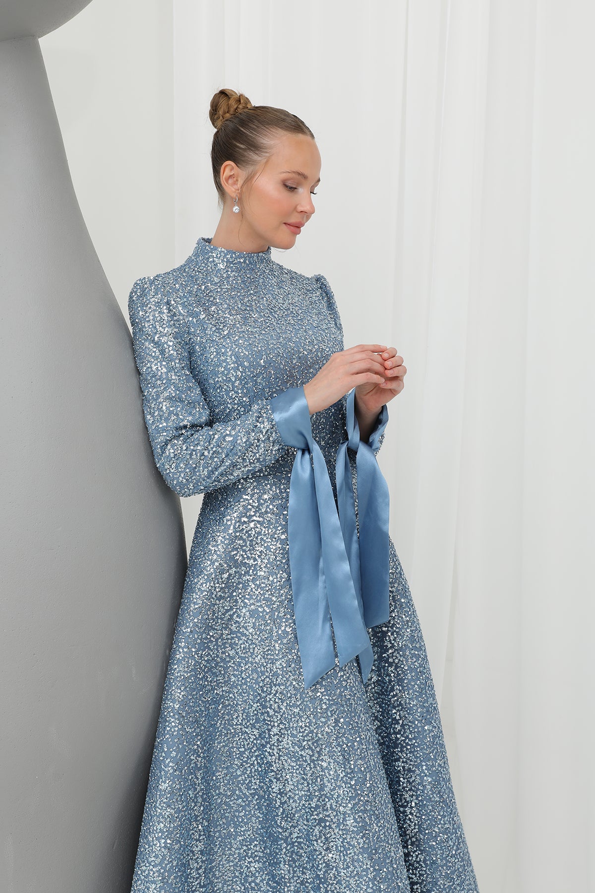 Kadın Parlak Dokulu Uzun Abiye -12576ELB