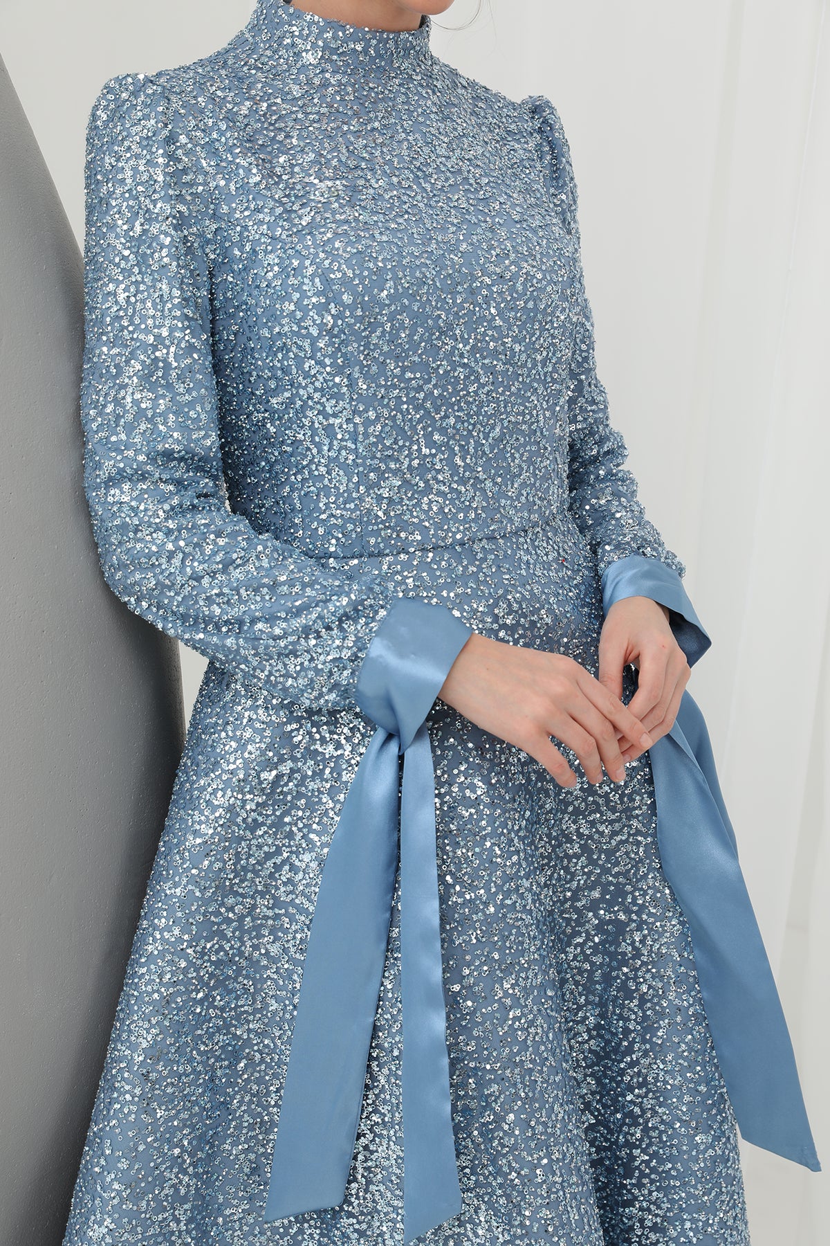 Kadın Parlak Dokulu Uzun Abiye -12576ELB