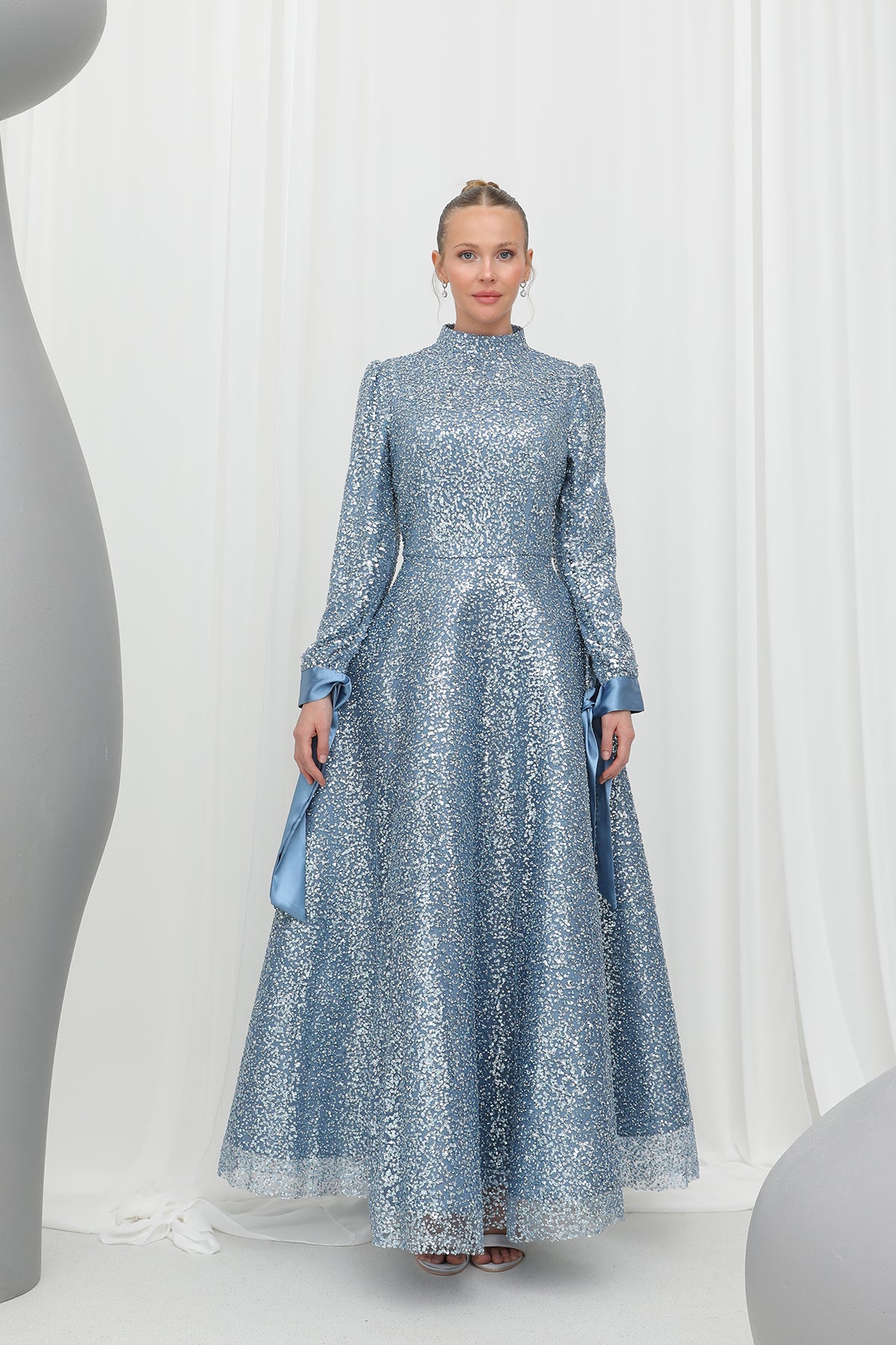 Kadın Parlak Dokulu Uzun Abiye -12576ELB