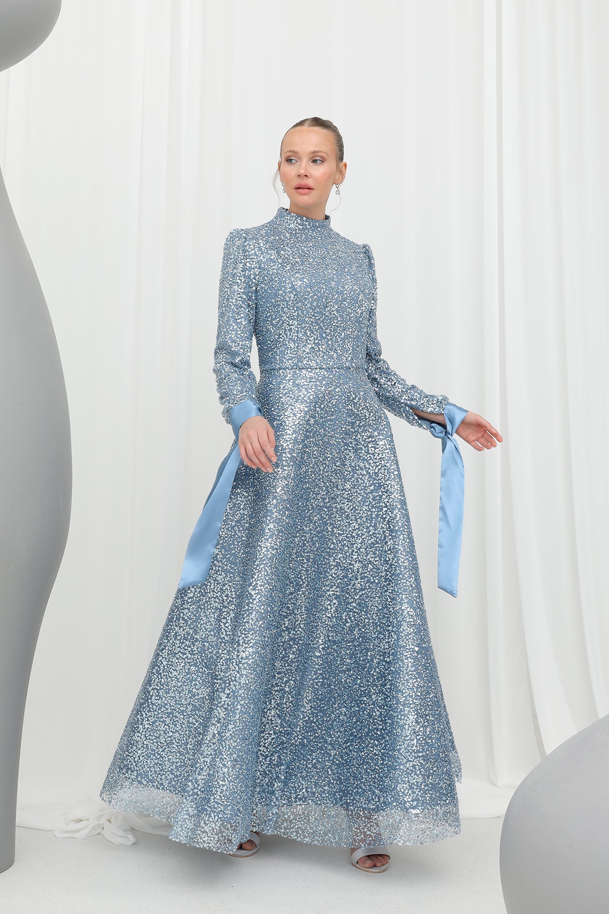 Kadın Parlak Dokulu Uzun Abiye -12576ELB