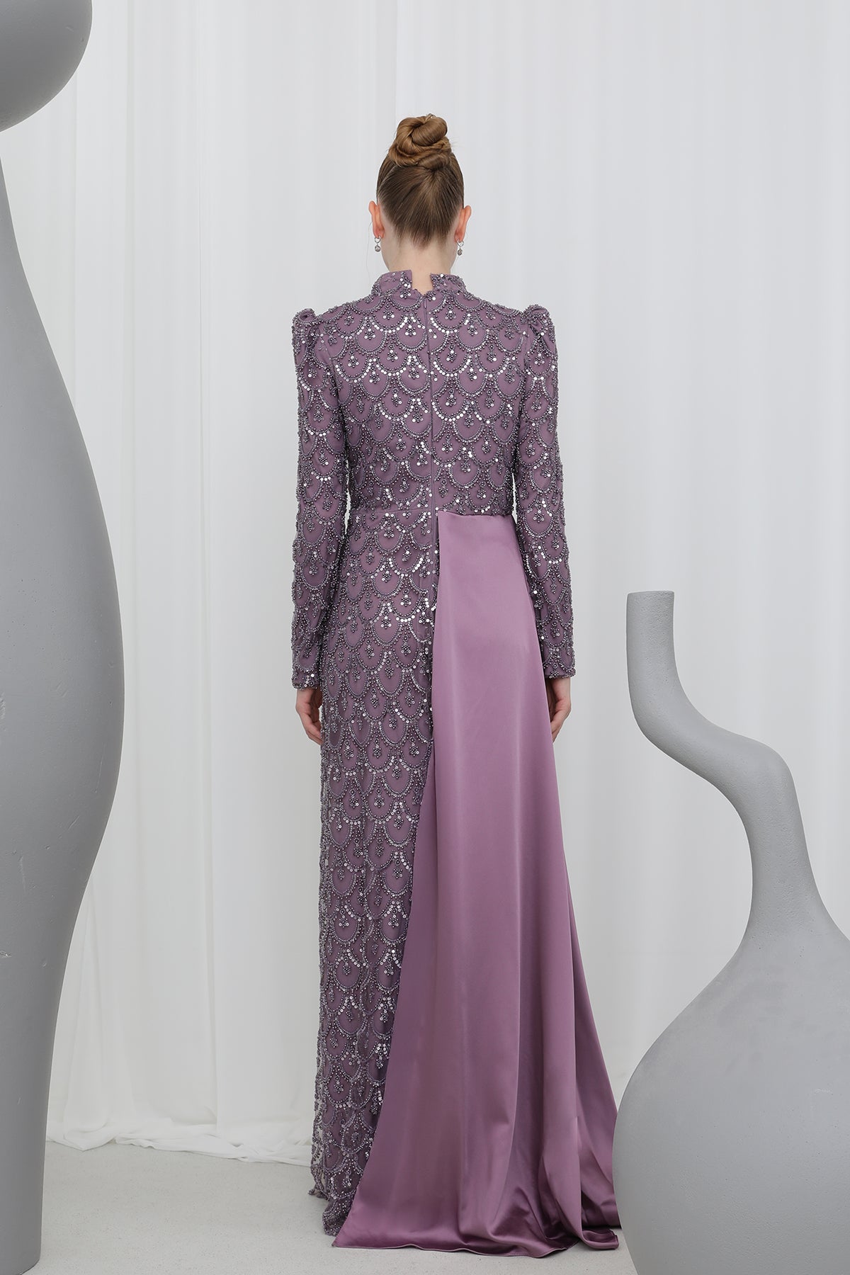 Kadın Pul Payet İşlemeli Drapeli Şal Detaylı Abiye Elbise-12577ELB