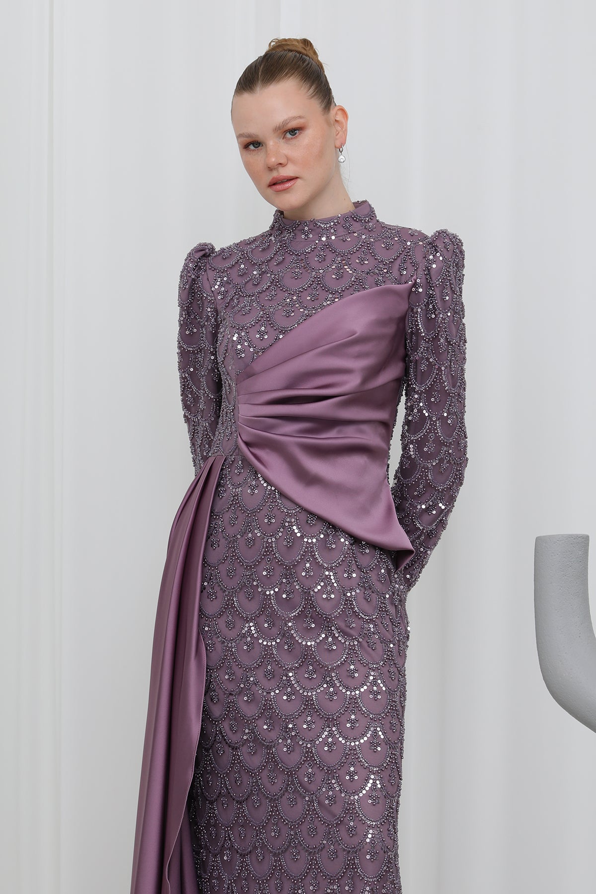 Kadın Pul Payet İşlemeli Drapeli Şal Detaylı Abiye Elbise-12577ELB