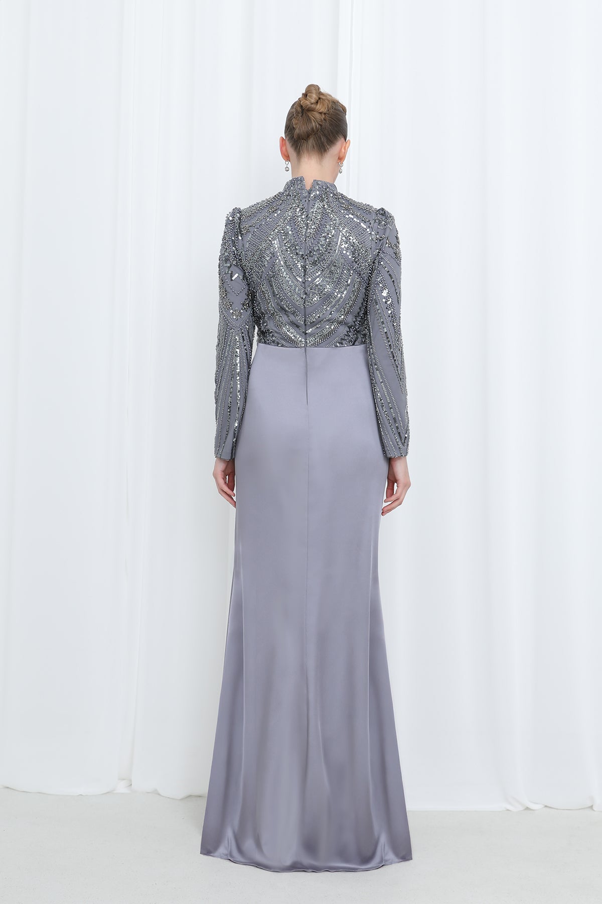 Women's Embroidered Top Waist Part with Drape Detail Satin Evening Dress - 12582ELB
