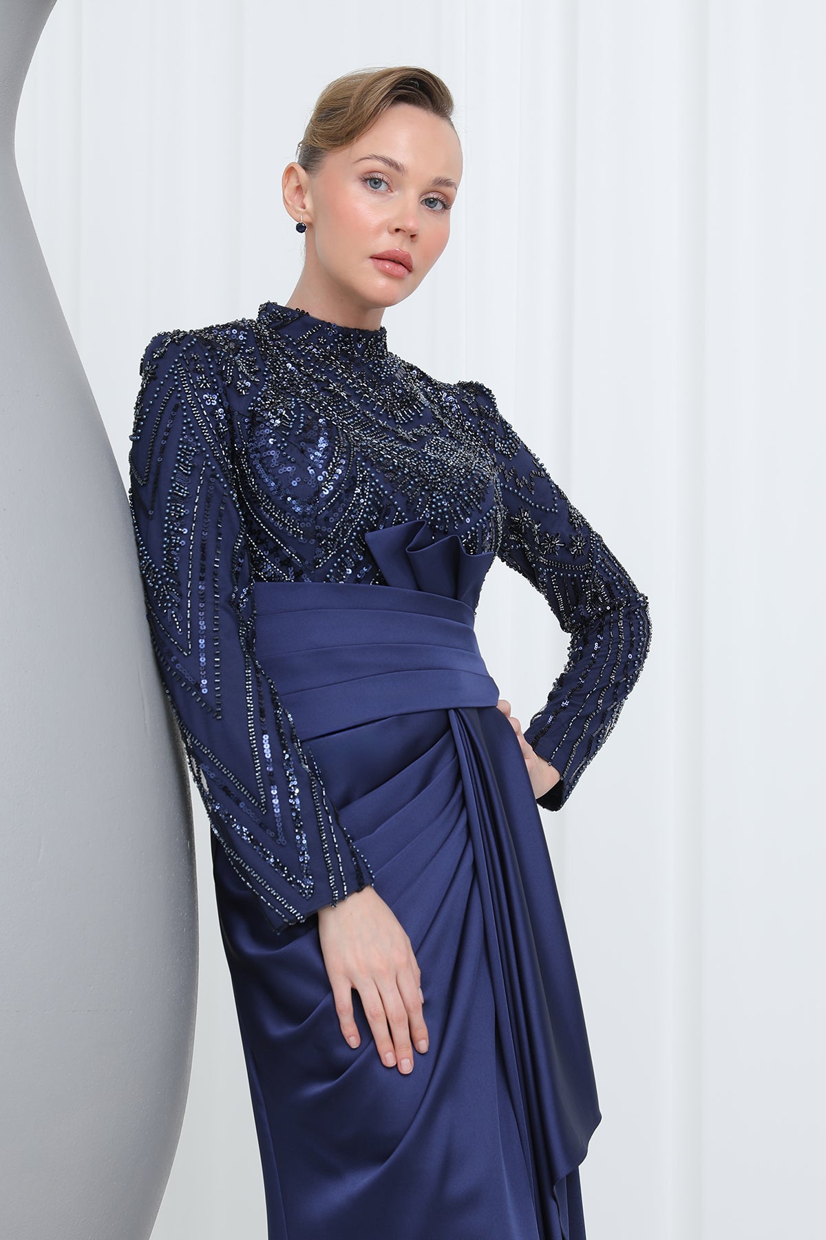 Women's Embroidered Top Waist Part with Drape Detail Satin Evening Dress - 12582ELB