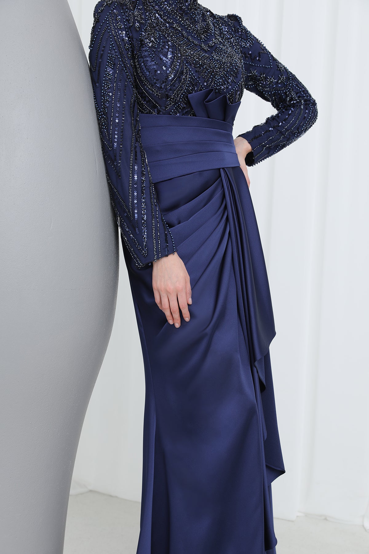 Women's Embroidered Top Waist Part with Drape Detail Satin Evening Dress - 12582ELB