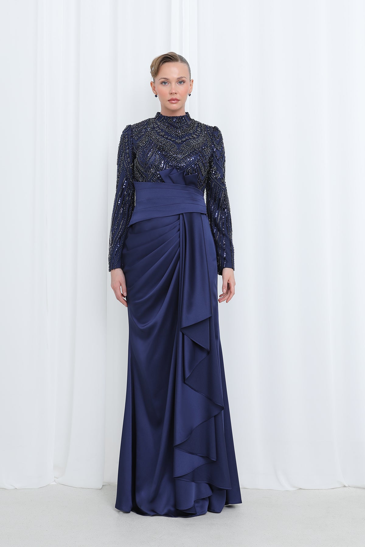 Women's Embroidered Top Waist Part with Drape Detail Satin Evening Dress - 12582ELB