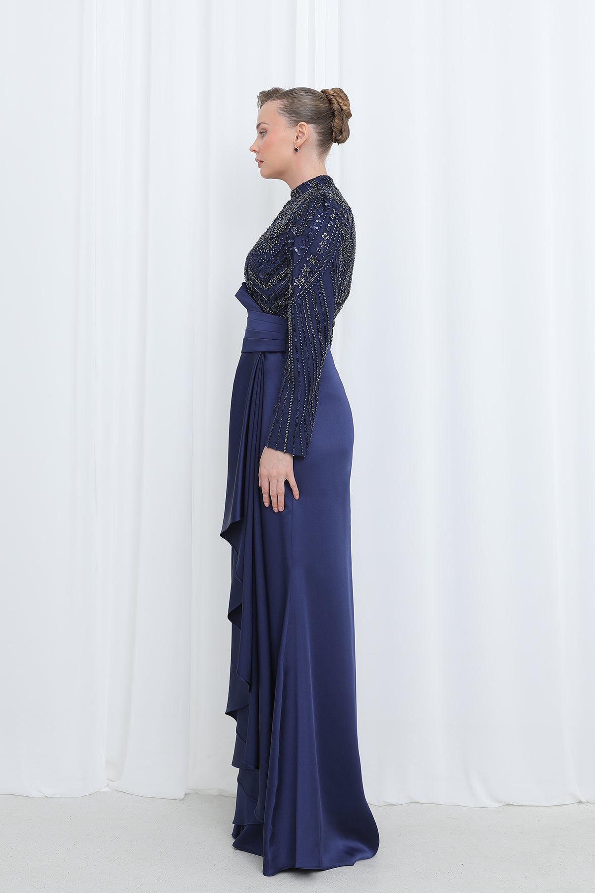 Women's Embroidered Top Waist Part with Drape Detail Satin Evening Dress - 12582ELB