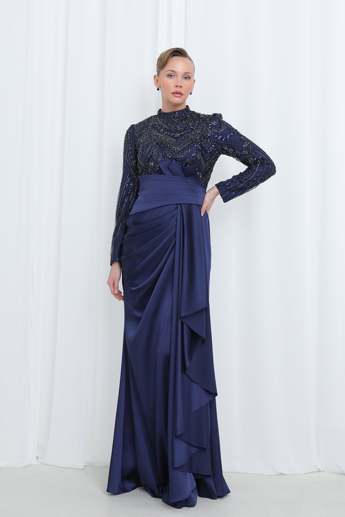 Women's Embroidered Top Waist Part with Drape Detail Satin Evening Dress - 12582ELB