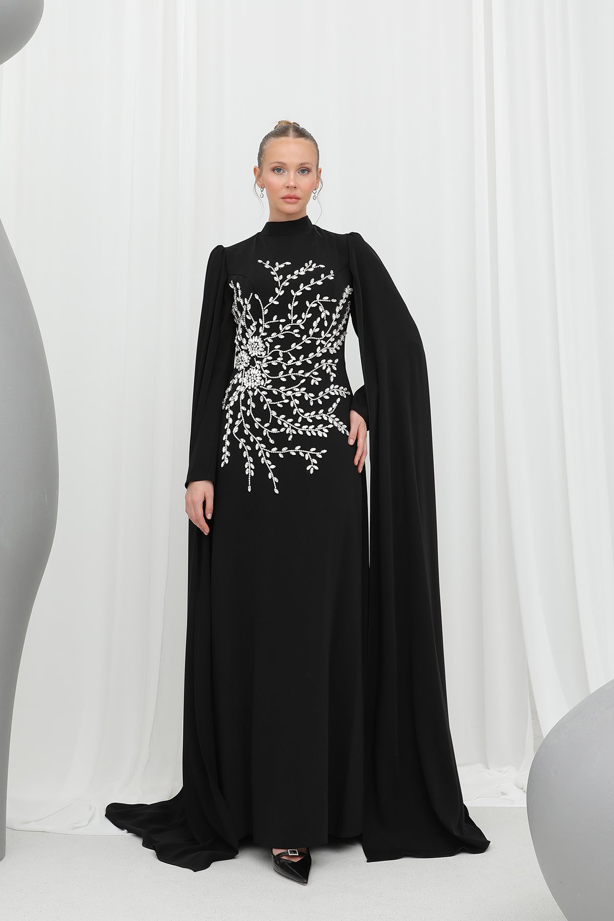 Kadın Yaprak Taş İşlemeli Pelerinli Abiye -12583ELB