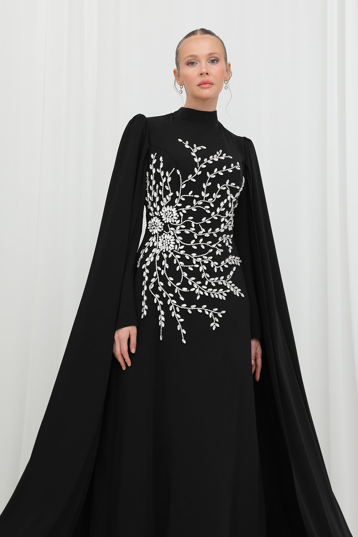 Kadın Yaprak Taş İşlemeli Pelerinli Abiye -12583ELB