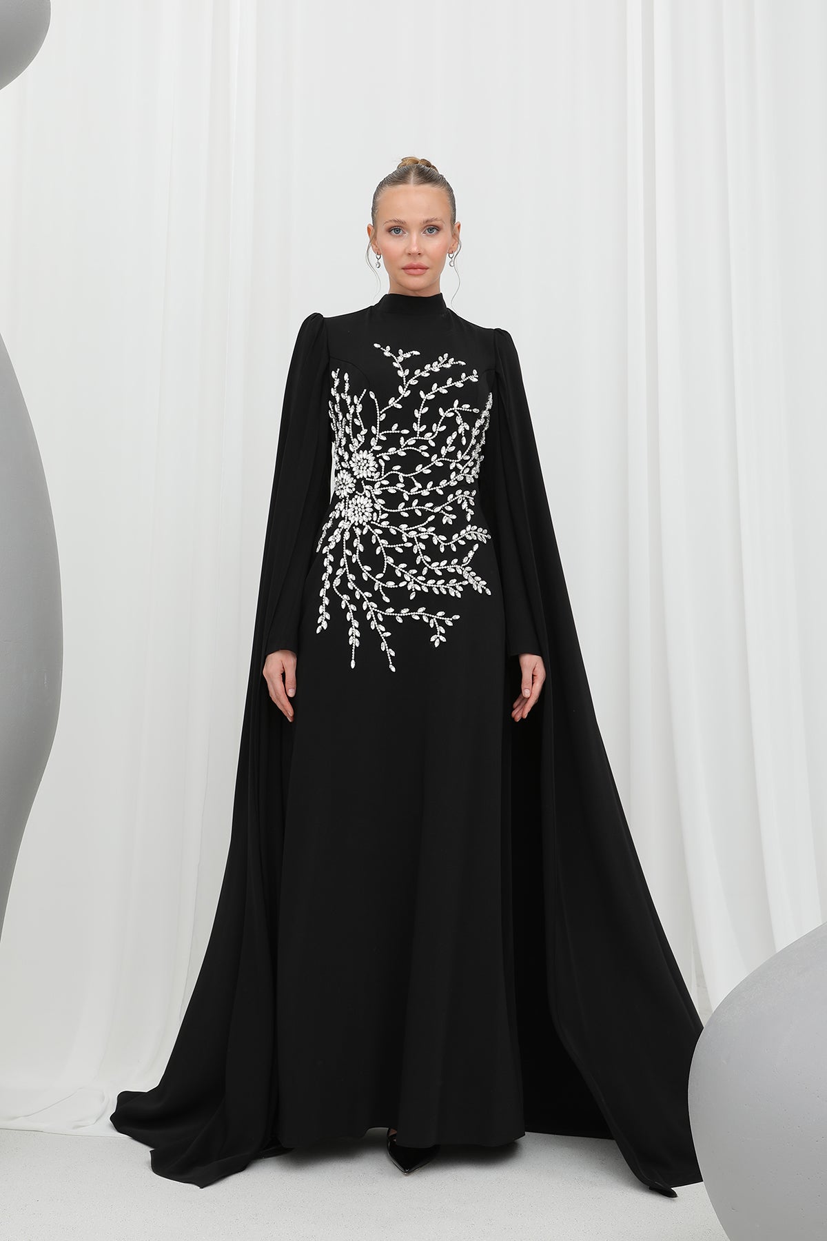 Kadın Yaprak Taş İşlemeli Pelerinli Abiye -12583ELB