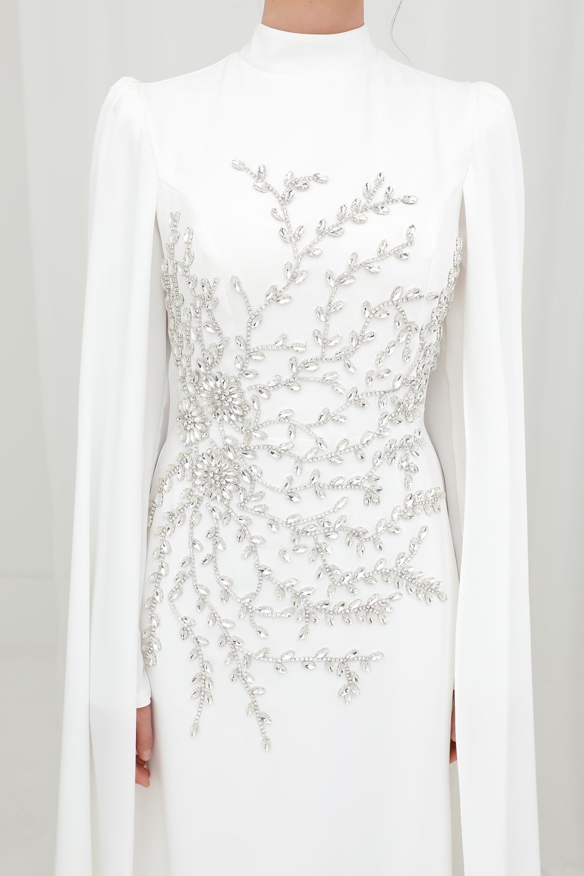 Kadın Yaprak Taş İşlemeli Pelerinli Abiye -12583ELB