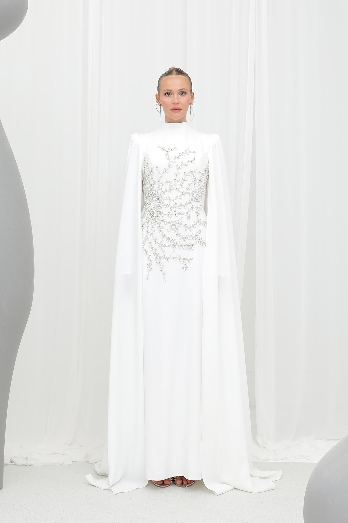 Kadın Yaprak Taş İşlemeli Pelerinli Abiye -12583ELB