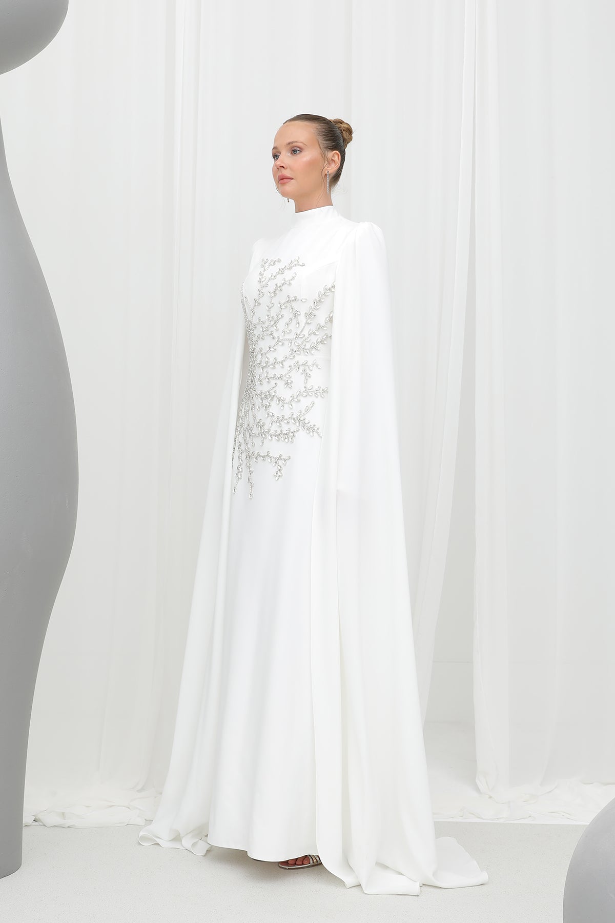 Kadın Yaprak Taş İşlemeli Pelerinli Abiye -12583ELB