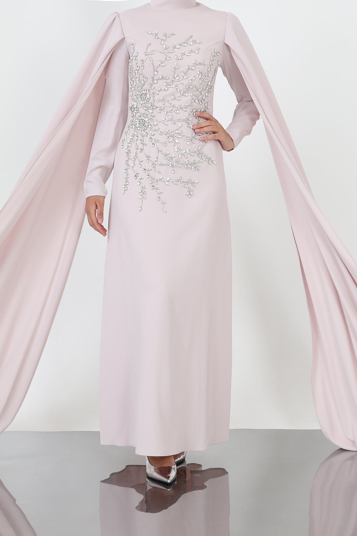 Kadın Yaprak Taş İşlemeli Pelerinli Abiye -12583ELB