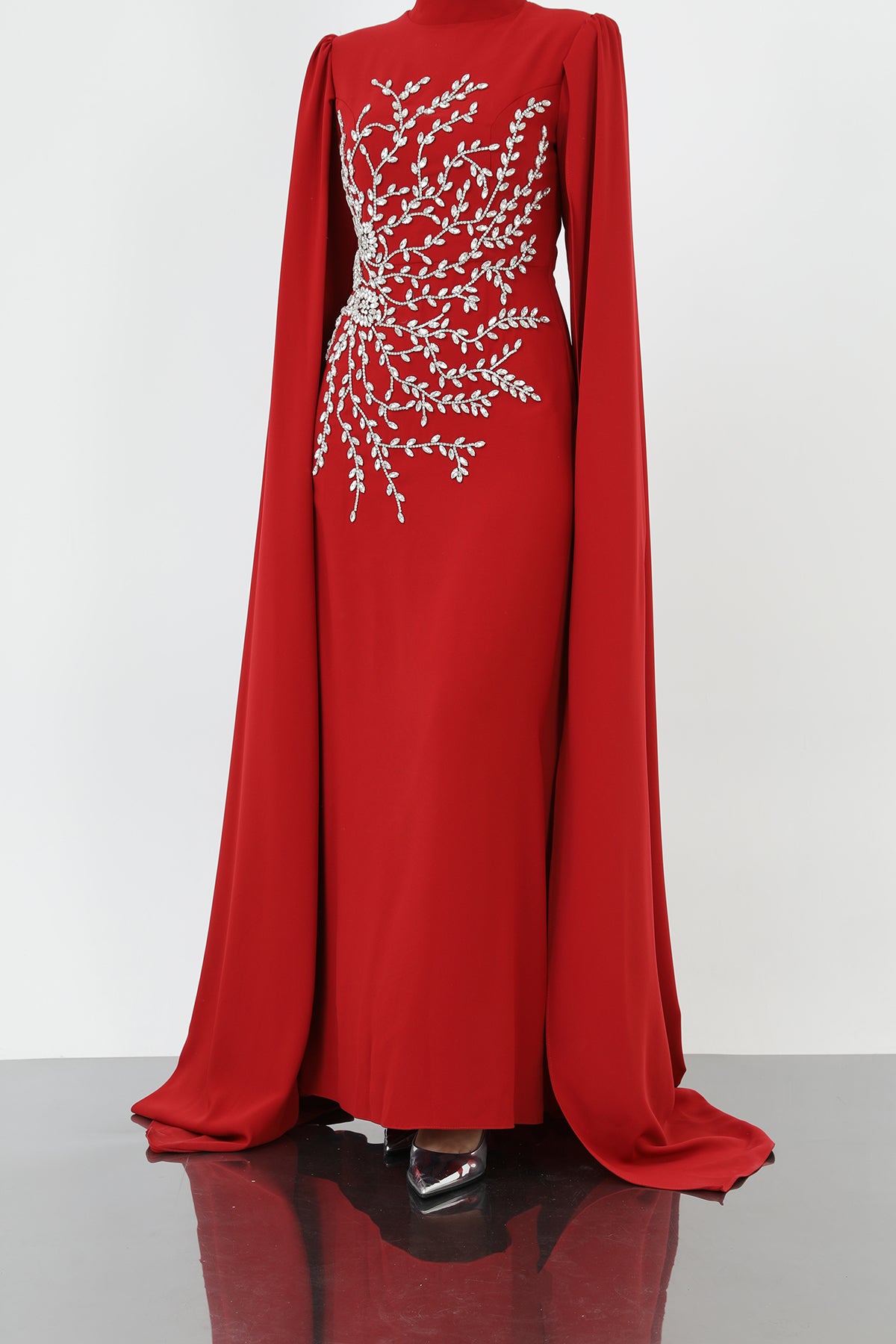 Kadın Yaprak Taş İşlemeli Pelerinli Abiye -12583ELB