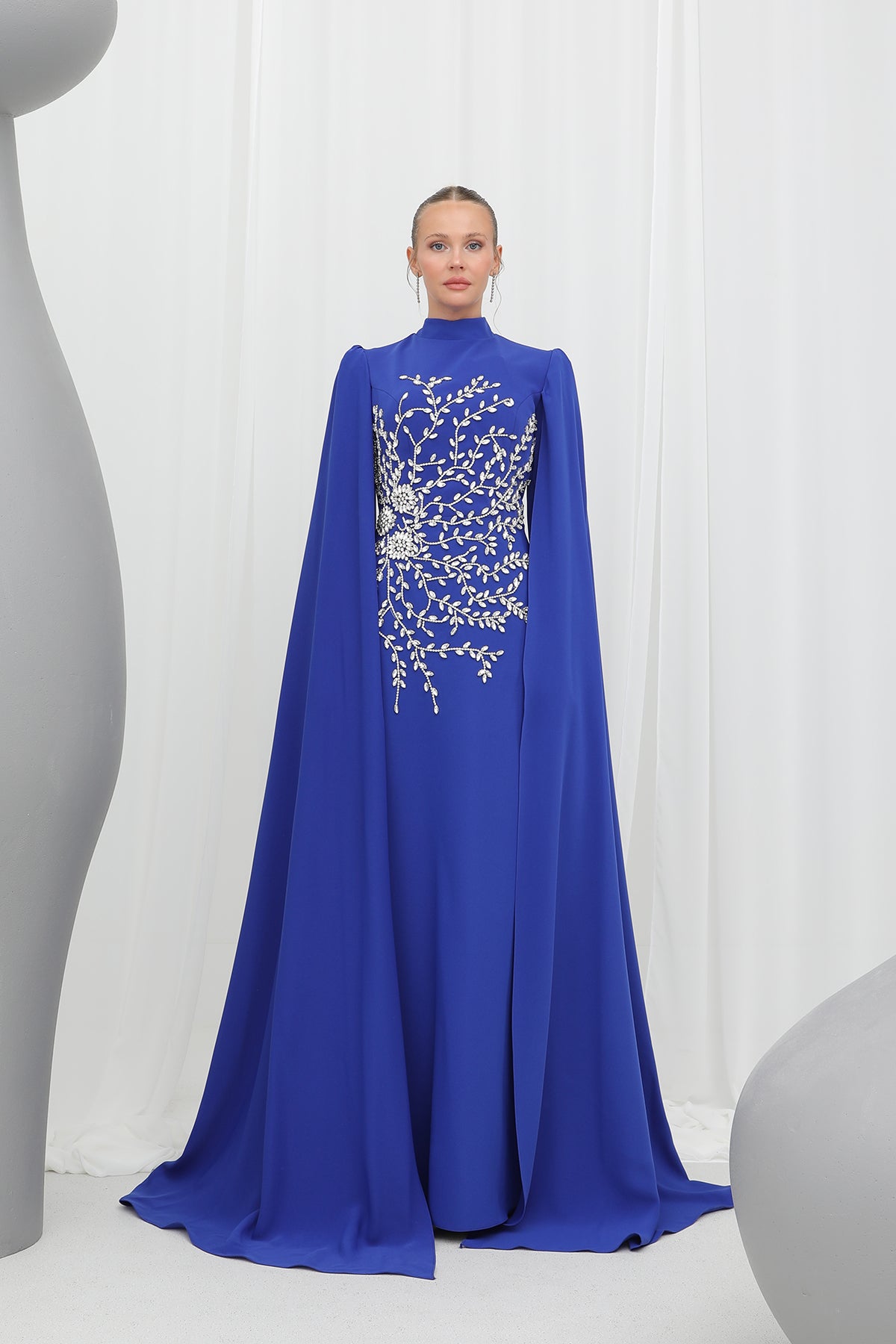 Kadın Yaprak Taş İşlemeli Pelerinli Abiye -12583ELB