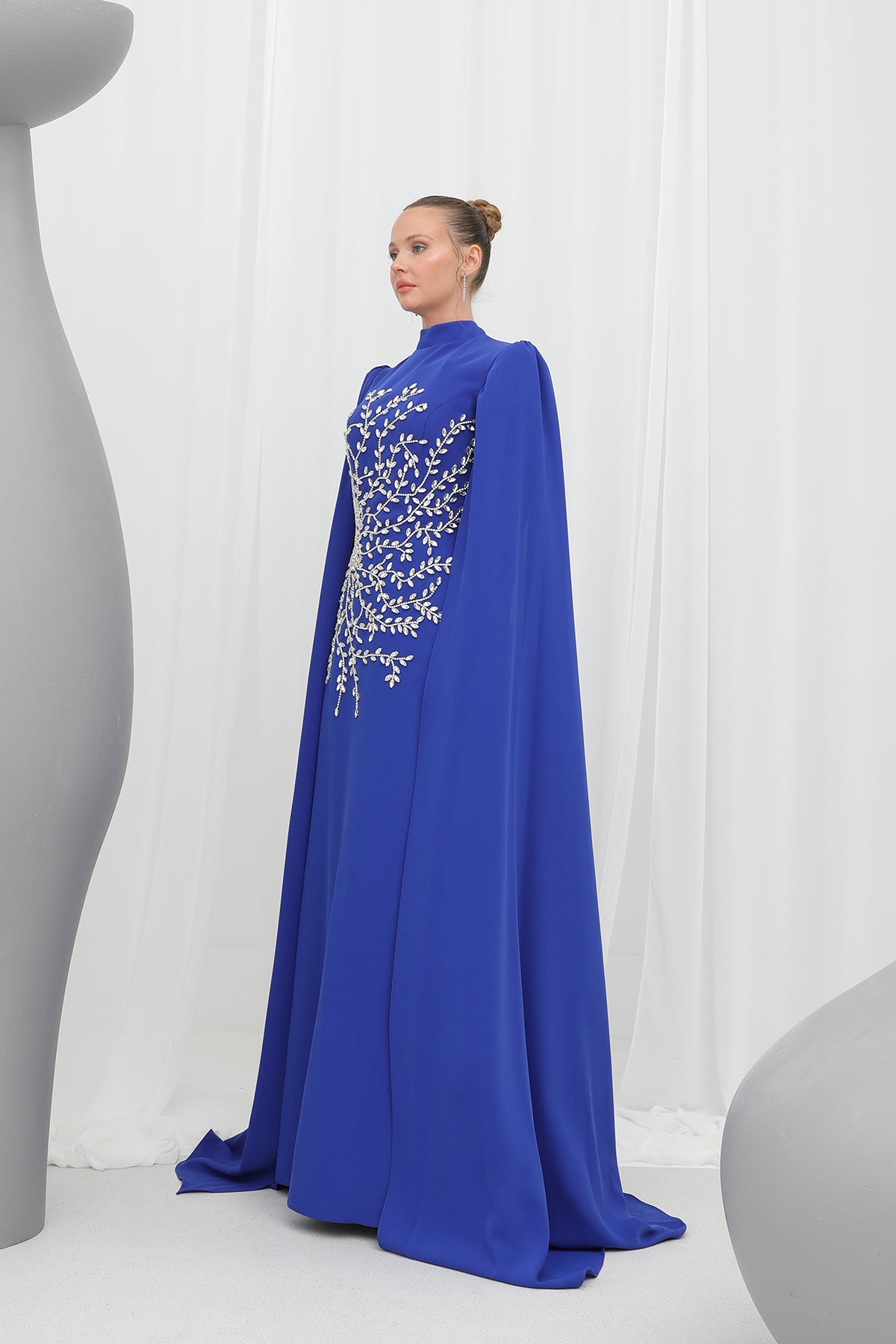 Kadın Yaprak Taş İşlemeli Pelerinli Abiye -12583ELB