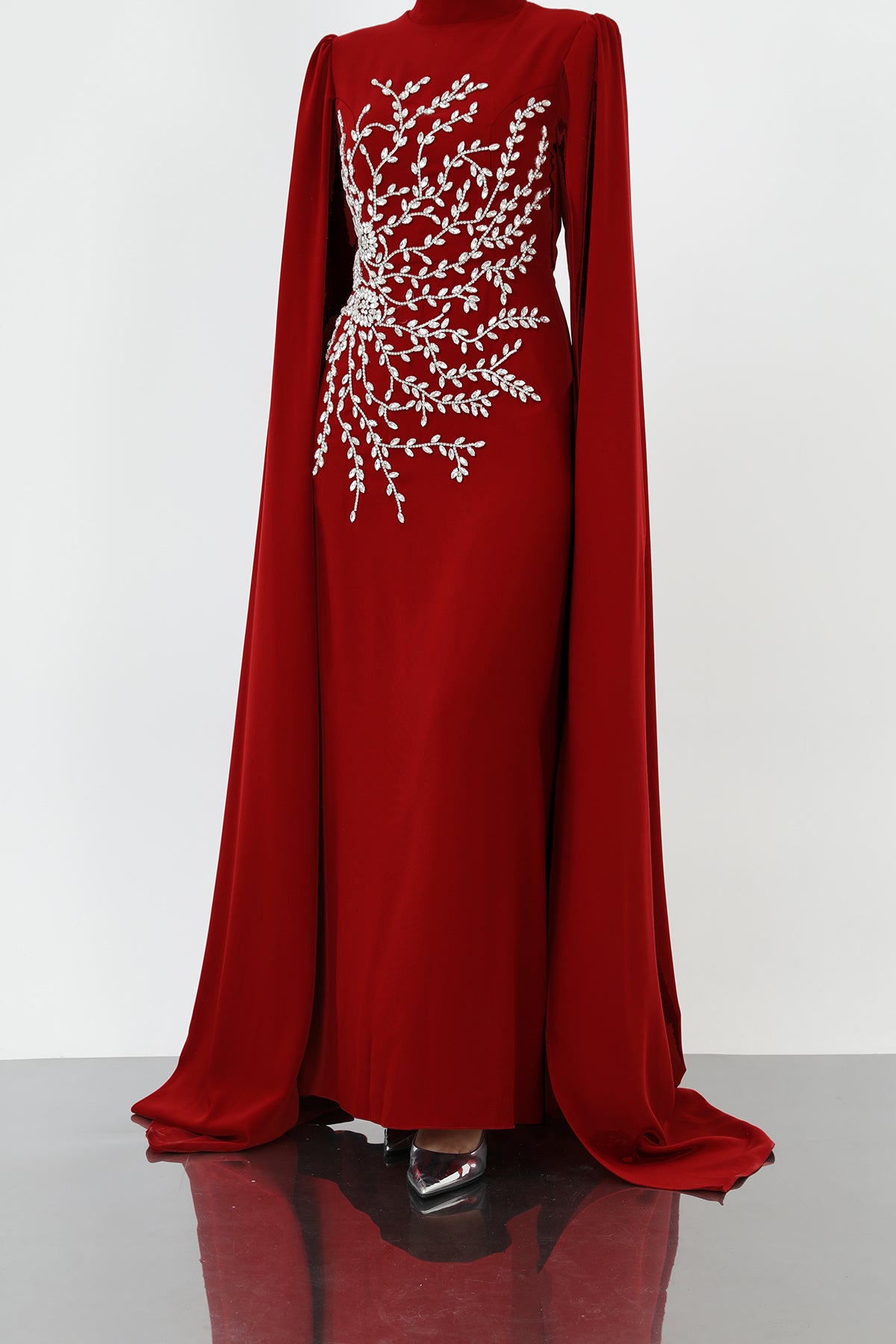 Kadın Yaprak Taş İşlemeli Pelerinli Abiye -12583ELB