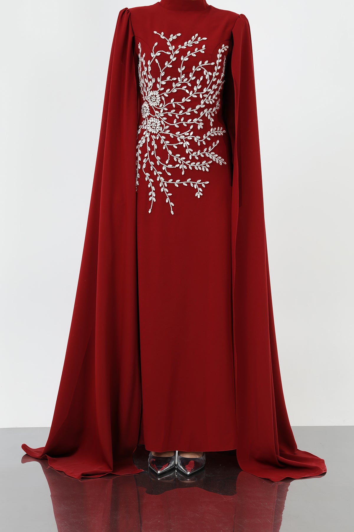 Kadın Yaprak Taş İşlemeli Pelerinli Abiye -12583ELB