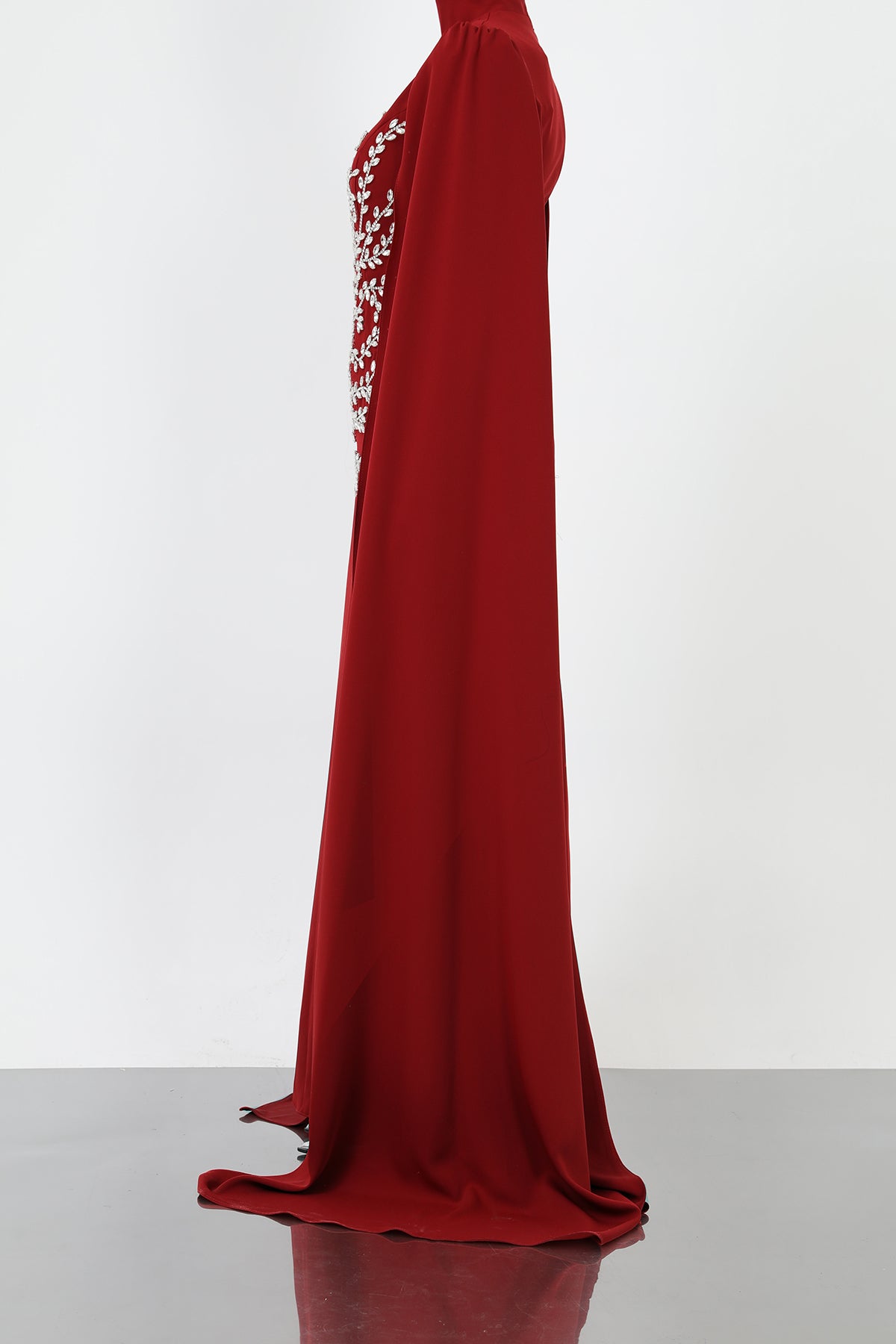 Kadın Yaprak Taş İşlemeli Pelerinli Abiye -12583ELB