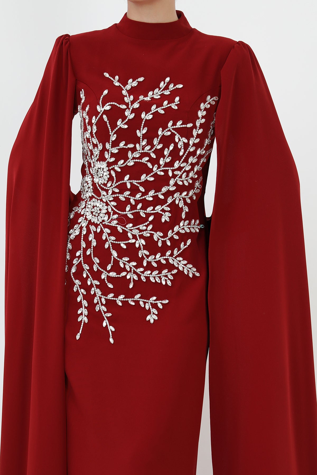 Kadın Yaprak Taş İşlemeli Pelerinli Abiye -12583ELB