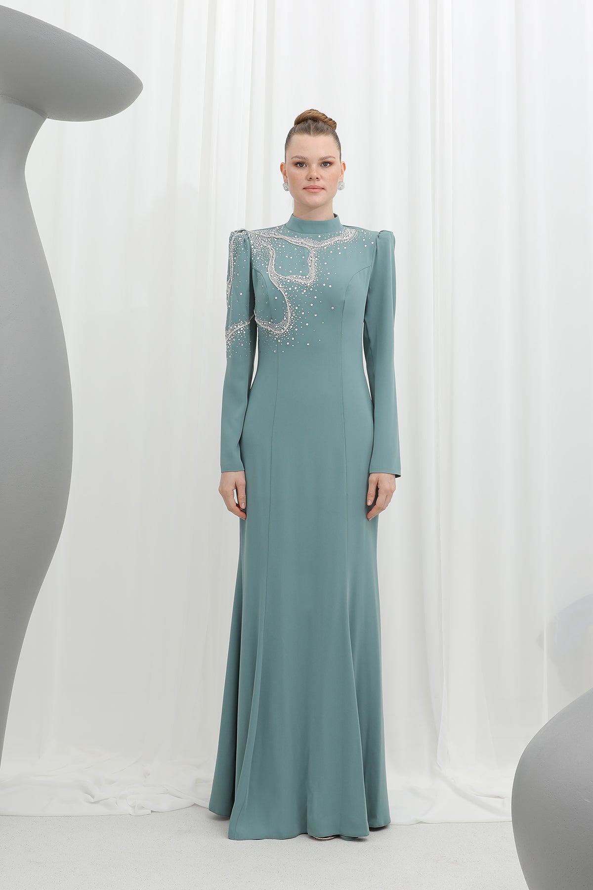 Kadın Galaksi Işıltısı Asimetrik Taş İşlemeli Abiye -12585ELB