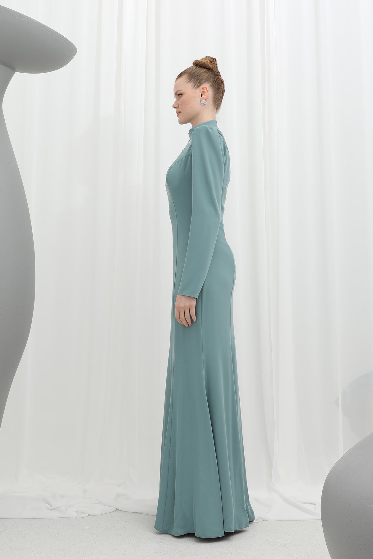 Kadın Galaksi Işıltısı Asimetrik Taş İşlemeli Abiye -12585ELB