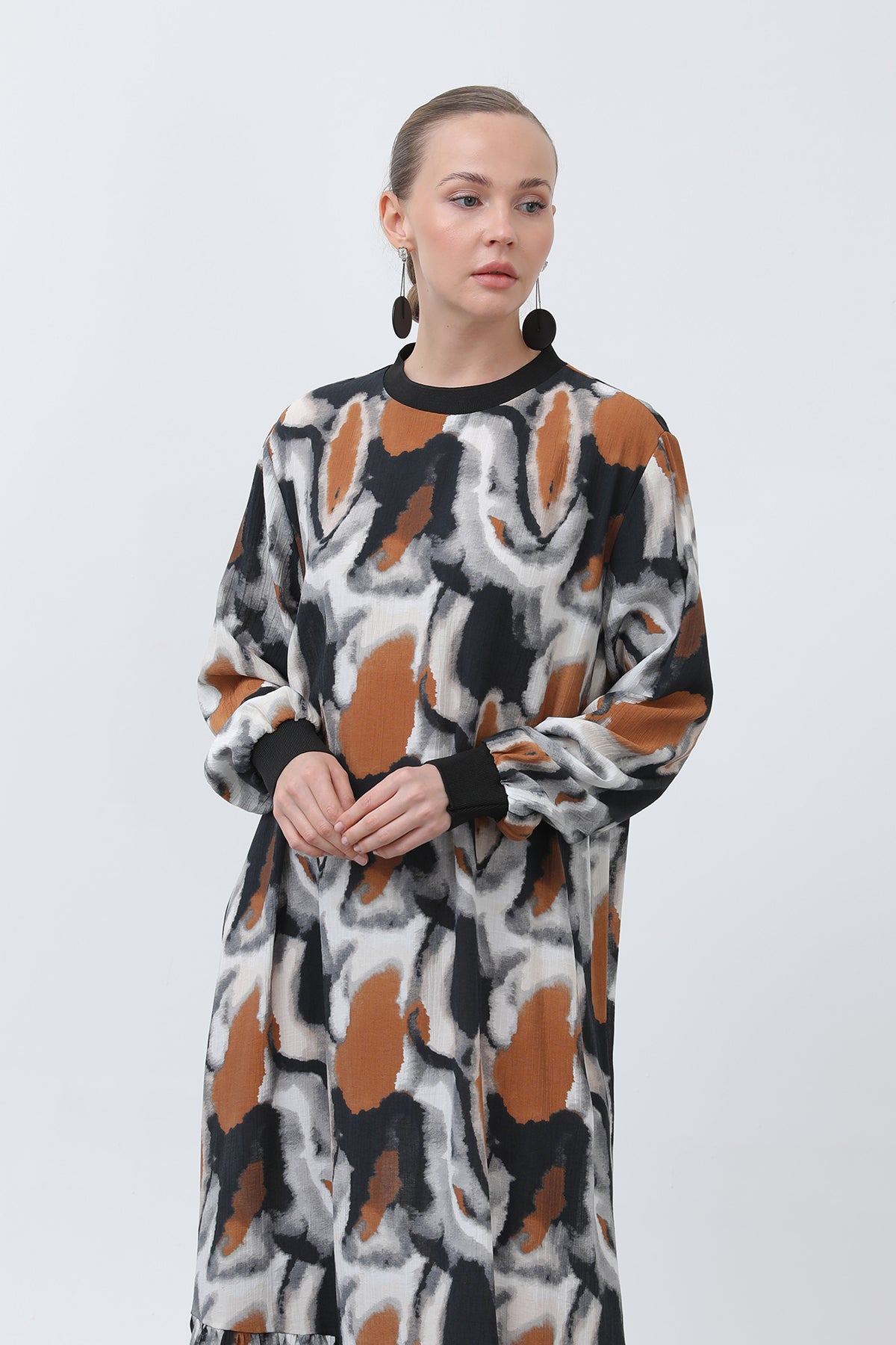 Kadın Yakası Ribanalı Desenli Elbise - 12606ELB